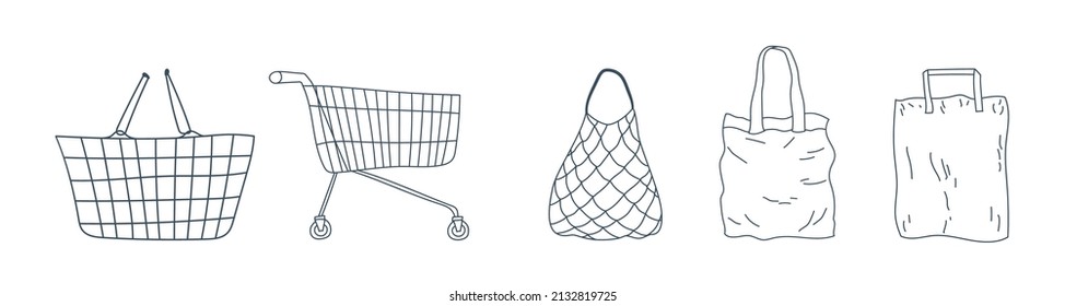 Shopping cart, mesh bag, paper bag, tote bag shopping basket in hand drawn outline style. Applicable for store, market illustration. Bag, Shopping cart in doodle style. eVector illustration