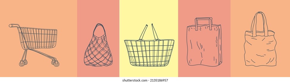 Shopping cart, mesh bag, paper bag, tote bag shopping basket in hand drawn outline style. Applicable for store, market illustration. Bag, Shopping cart in doodle style. eVector illustration