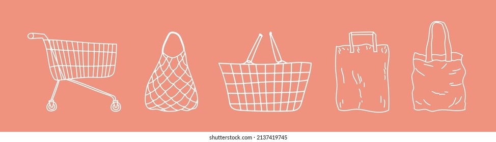 Shopping cart, mesh bag, paper bag, tote bag shopping basket in hand drawn outline style. Applicable for store, market illustration. Bag, Shopping cart in doodle style. eVector illustration