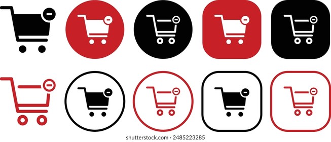 Shopping cart minus icon set. Solid and outline icons vector collection.