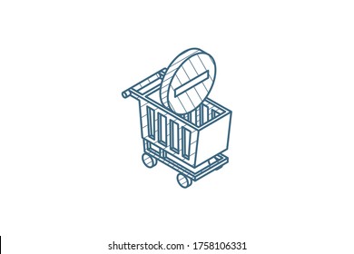 shopping cart and minus sign isometric icon. 3d vector illustration. Isolated line art technical drawing. Editable stroke