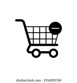 Shopping Cart With Minus Sign in solid black flat shape glyph icon, isolated on white background 