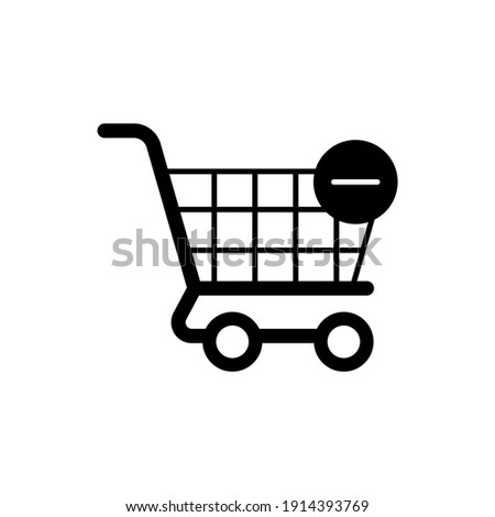 Shopping Cart With Minus Sign in solid black flat shape glyph icon, isolated on white background 