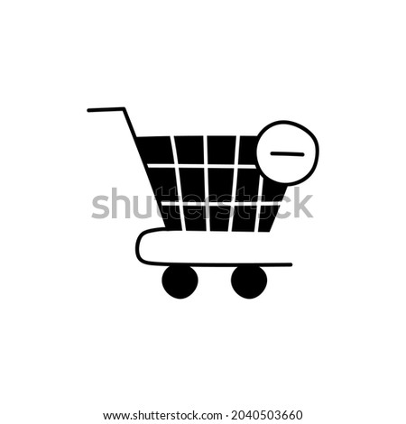 Shopping Cart With Minus Sign in solid black flat shape glyph icon, isolated on white background 