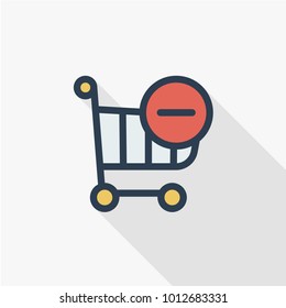 shopping cart and minus sign thin line flat color icon. Linear vector illustration. Pictogram isolated on white background. Colorful long shadow design.