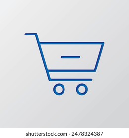 Shopping cart, minus simple icon vector. Flat design. Paper cut design. Cutted blue symbol with shadow. Gray background.ai