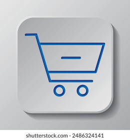 Shopping cart, minus simple icon vector. Flat design. Paper cut design. Cutted blue symbol with shadow. Gray badge button, gray background.ai