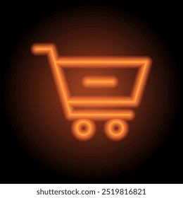 Carrinho de compras, menos ícone simples vetor. Design plano. Néon laranja no fundo preto.ai