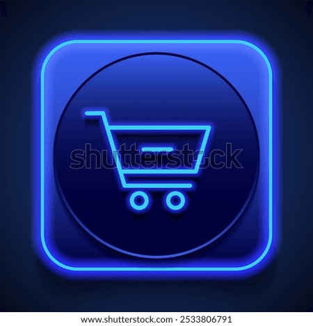 Shopping cart, minus simple icon vector. Flat design. Blue neon style on button. With shadow.ai