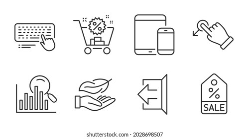 Shopping cart, Mobile devices and Search line icons set. Drag drop, Computer keyboard and Sale coupon signs. Lightweight, Sign out symbols. Discount, Smartphone with tablet, Analytics. Vector