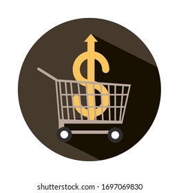 shopping cart with money going up arrow, rising food prices, block style icon vector illustration