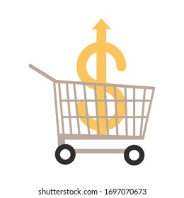 shopping cart with money going up arrow, rising food prices, flat style icon vector illustration