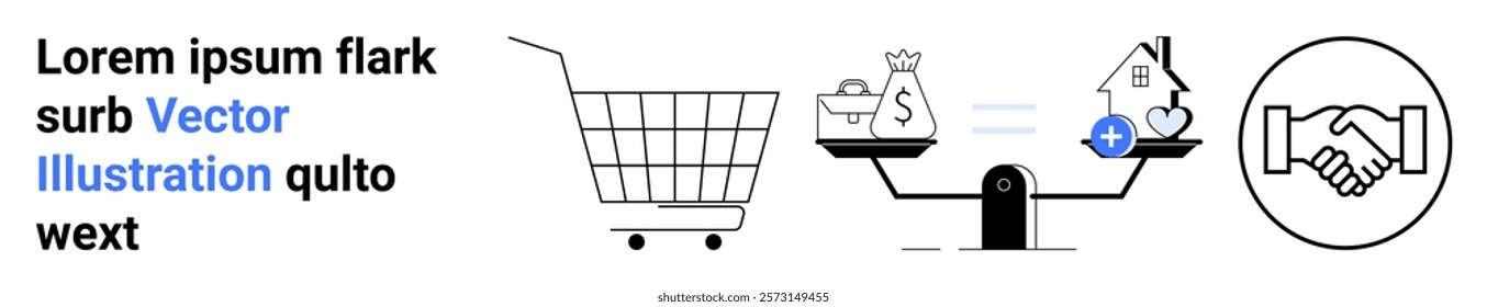 Shopping cart, money and house on a balance scale, and handshake symbol. Ideal for e-commerce, finance, real estate, investments, business agreements. Banner for landing page