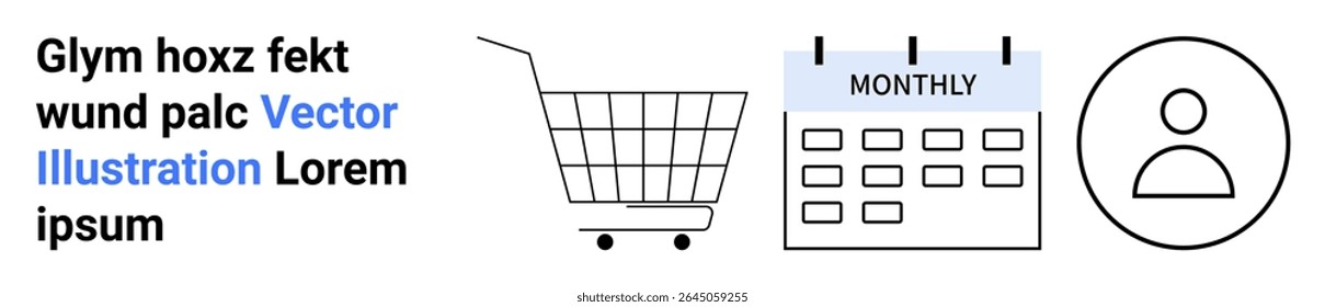 Shopping cart, monthly calendar, and user profile icons arranged horizontally. Ideal for e-commerce, scheduling, profile management, online shopping, planning tools, customer interface, retail apps