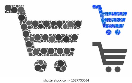 Shopping cart mosaic of filled circles in different sizes and color tones, based on shopping cart icon. Vector filled circles are united into blue illustration.