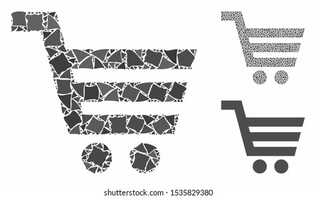 Shopping cart mosaic of unequal parts in various sizes and shades, based on shopping cart icon. Vector tuberous parts are composed into mosaic. Shopping cart icons collage with dotted pattern.