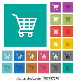 Shopping cart multi colored flat icons on plain square backgrounds. Included white and darker icon variations for hover or active effects.