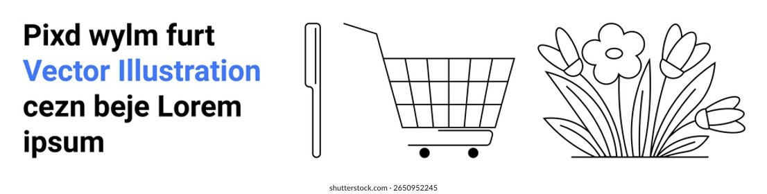 Carrinho de compras perto de flores em um estilo minimalista com texto. Ideal para temas de e-commerce, compras on-line, natureza, minimalismo e tutoriais de ilustração. Faixa para a página inicial