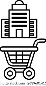 A shopping cart is next to a building. The cart is black and white. The building is tall and has many windows