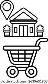 A shopping cart is next to a building with a map on it. The cart is black and white