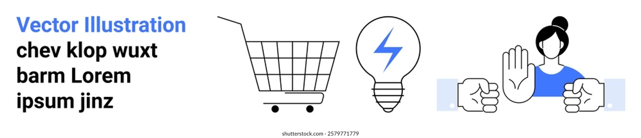 Shopping cart next to energy-efficient lightbulb symbol and person with outstretched hand in stop gesture flanked by clenching fists. Ideal for ecommerce, sustainability, energy awareness, conflict