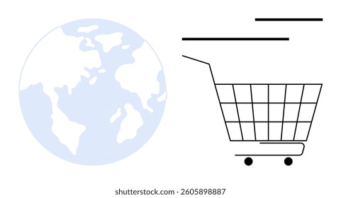 Shopping cart next to world map. Ideal for themes of global trade, e-commerce, online shopping, international markets, and digital economy. Simple minimalist style