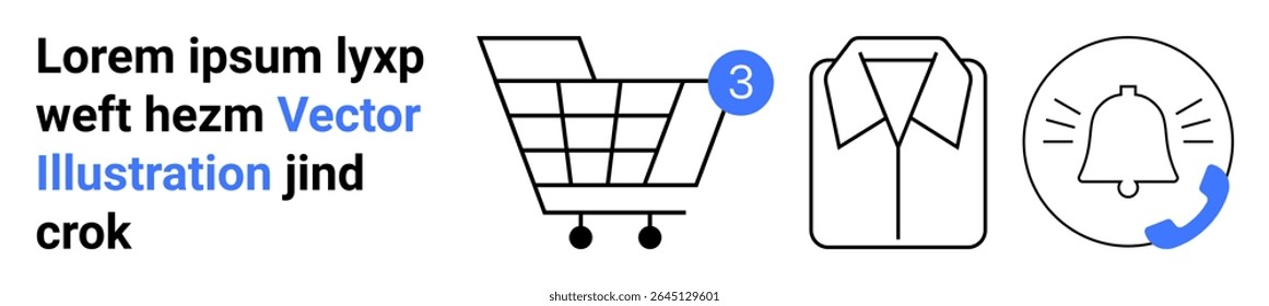 Shopping cart with notification badge, clothing item, and alert symbol with phone icon. Ideal for e-commerce, online shopping, notifications, mobile apps, retail, fashion, customer service. Landing