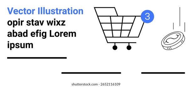 Carrinho de compras, selo de notificação e moeda em ação dinâmica. Ideal para compras on-line, comércio eletrônico, varejo, notificações de venda, transações financeiras, sites de compras, engajamento do cliente. Aterrissagem