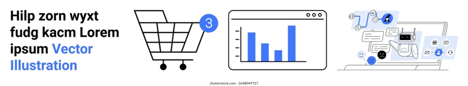 Shopping cart with notification, bar graph in browser, digital dashboard with abstract elements. Ideal for online shopping, data analytics, business statistics, marketing, digital strategy