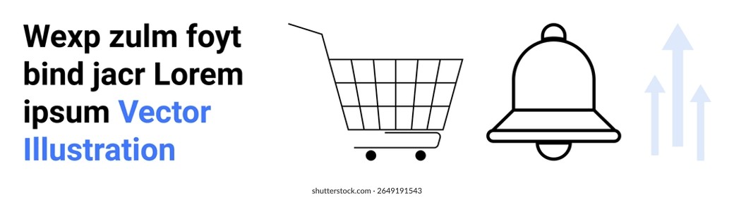 Carrinho de compras, campainha de notificação e setas para cima indicando compras e crescimento on-line. Ideal para comércio eletrônico, compras digitais, notificações de aplicativos, crescimento da empresa, estratégias de marketing, design da Web