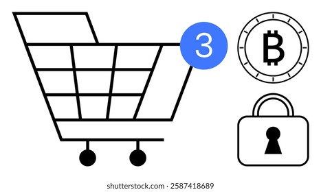Shopping cart with a notification bubble, Bitcoin symbol, and security lock highlight e-commerce, online purchases, and secure transactions. Ideal for digital wallets, online shopping, cryptocurrency