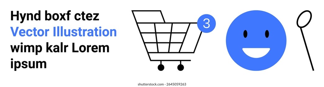 Shopping cart with notification bubble, blue smile face, and bubble wand. Ideal for retail, ecommerce, fun activities, shopping, happiness, leisure, and notifications. Landing page