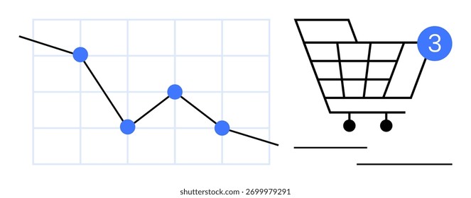 Shopping cart with notification bubble indicating 3 items. Line chart with blue data points marking trends. Ideal for business analytics, e-commerce, sales growth, marketing strategies, consumer