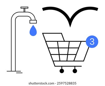 Shopping cart with notification bubble, water faucet dripping blue drop, and bird symbol. Ideal for e-commerce, notifications, conservation, shopping, utilities, environmental awareness