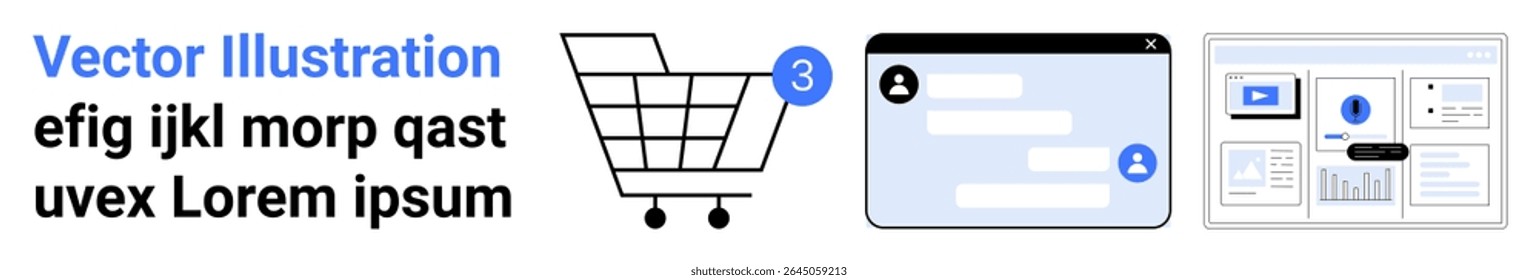 Carrito de compras con notificaciones, App de chat con mensajes e interfaz de panel. Ideal para comercio electrónico, comunicación, Diseño web, tecnología, servicios en línea, interfaz de usuario, marketing digital