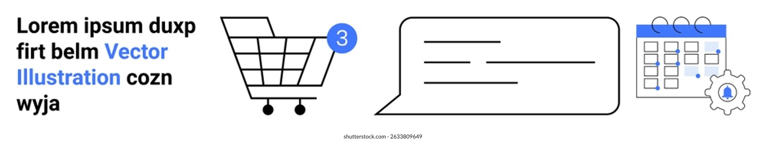 Shopping cart with notification, chat bubble, calendar with gear icon. Ideal for e-commerce, communication, customer service, online shopping, notifications, scheduling, productivity. Landing page