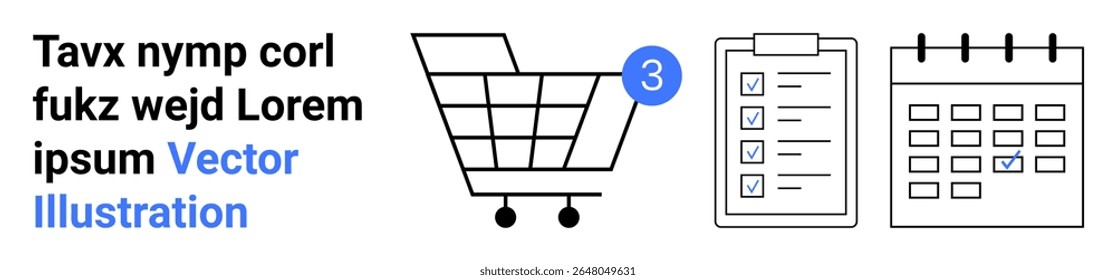 Warenkorb mit einer Benachrichtigung, einer Checkliste mit Auswahlfeldern und einem Kalender mit einem markierten Datum. Ideal für E-Commerce, Planung, Aufgabenmanagement, Planung, Organisation, Produktivität, Digital
