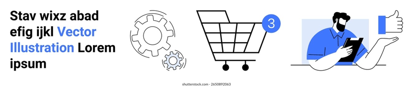 Carrinho de compras com notificação, ícones de engrenagens simbolizando configurações ou tecnologia e uma pessoa com uma área de transferência. Ideal para e-commerce, tecnologia, serviços, marketing digital, desenvolvimento, aplicativos