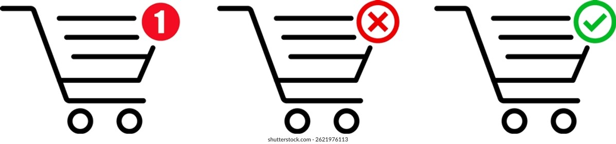 Shopping cart notification icons. Shopping cart with check mark and cross icon. basket icon symbol. Buy on market or supermarket. Shopping basket
