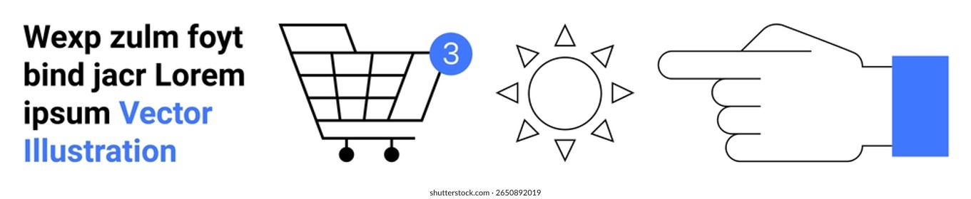 Shopping cart with notification indicator, sun icon, pointing hand. Ideal for e-commerce, weather apps, navigation, notifications, minimalist designs, user interfaces, mobile apps. Landing page