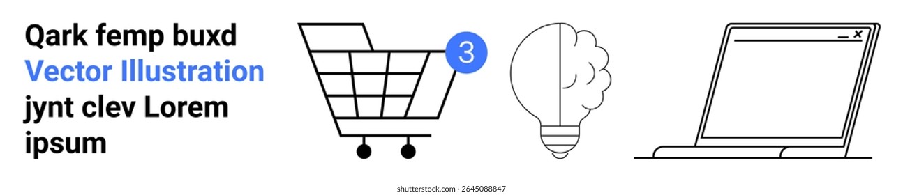Shopping cart with notification, light bulb, and open laptop. Ideal for e-commerce, innovation, technology, education, creativity, digital marketing, and learning themes. Landing page