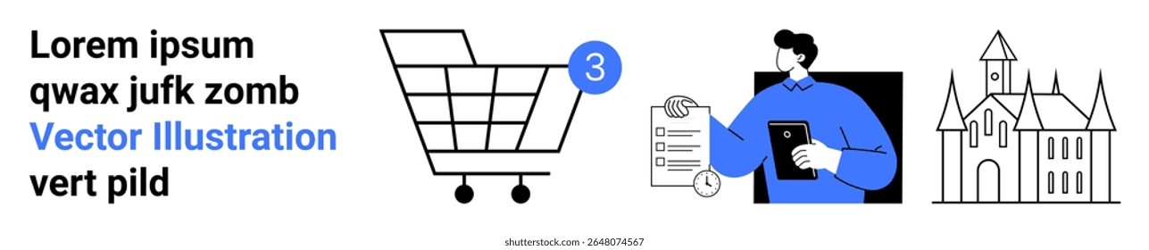 Shopping cart with notification, person holding checklist and tablet, historic church building. Ideal for e-commerce, task management, architecture, history, education, project planning. Landing page