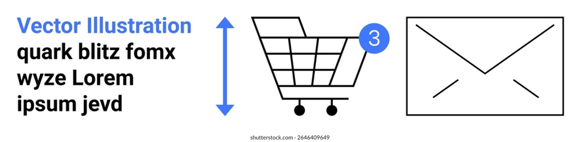 Shopping cart with number 3, double-ended arrow beside a stylized envelope. Ideal for e-commerce, digital transactions, shopping, mail, delivery services, user cart status, message notification