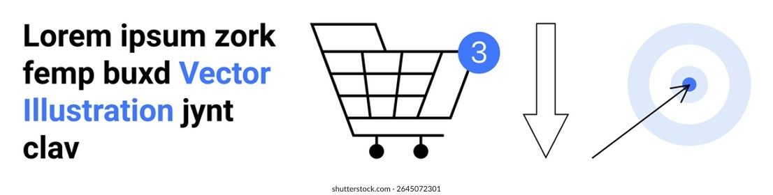 Shopping cart with a number 3, downward arrow, and a target icon. Ideal for e-commerce, online shopping, customer targeting, sales, product selection, marketing, user interface designs. Landing page