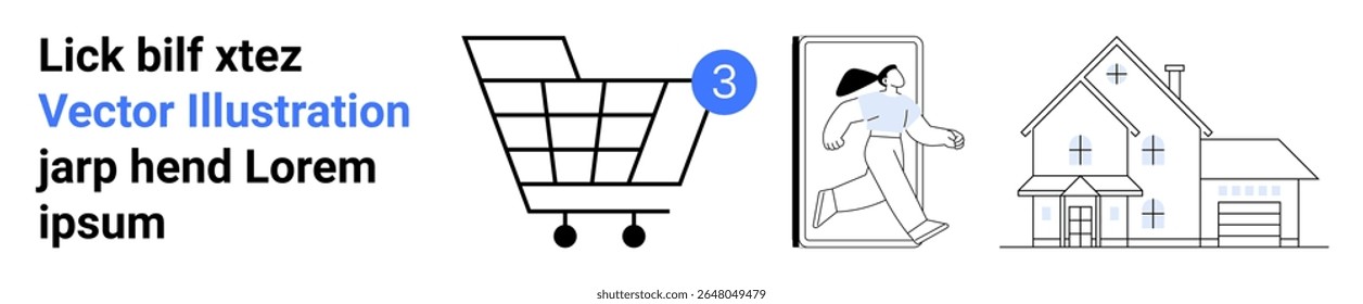 Carrinho de compras com número três em círculo azul, pessoa emergindo do smartphone, contorno de casa simples. Ideal para e-commerce, compras online, serviços de entrega, marketing digital, aplicativos móveis, casa