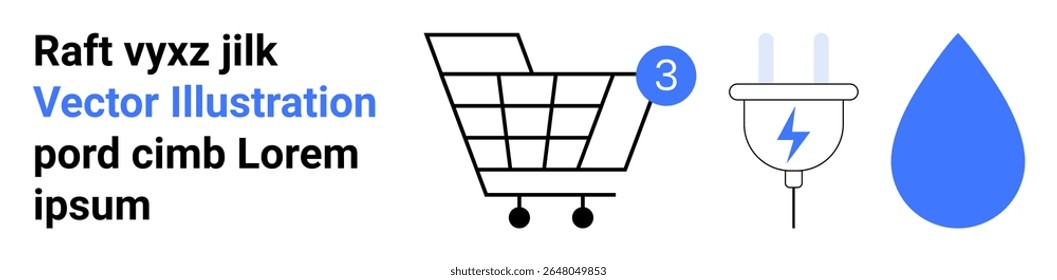 Carrinho de compras com o número três, plugue elétrico com símbolo de raio, gota de água azul. Ideal para e-commerce, eficiência energética, conservação de água, consciência ambiental, seleção de produtos