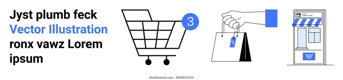Shopping cart with number three, hand holding shopping bags with tag, storefront with blue awning. Ideal for e-commerce, online shopping, retail, store promotions, digital marketing, user interfaces