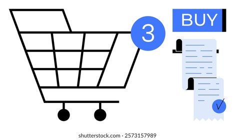 Shopping cart with number three icon blue buy button and receipt ideal for themes e-commerce shopping online purchase transactions and retail. Flat minimalist style