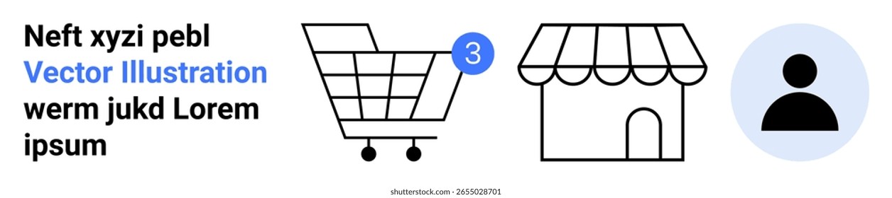 Carrinho de compras com bolha de item numerada, vitrine eletrônica e ícone de perfil do usuário. Ideal para eCommerce, compras on-line, empresas de varejo, experiência do usuário, marketing digital, engajamento do cliente