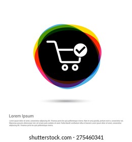 Shopping Cart and ok Check Mark Icon, White pictogram icon creative circle Multicolor background. Vector illustration. Flat icon design style